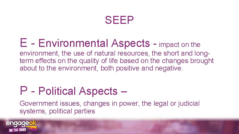 SEEP E - Environmental Aspects - impact on the environment, the use of natural