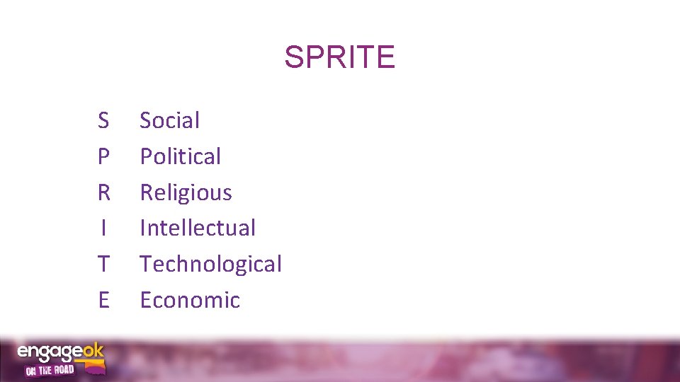 SPRITE S P R I T E Social Political Religious Intellectual Technological Economic 