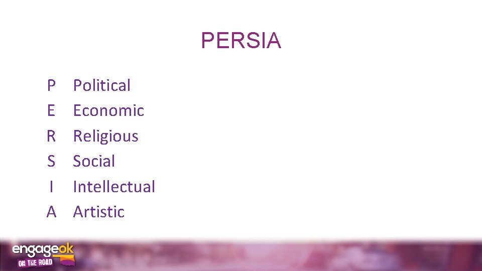 PERSIA P E R S I A Political Economic Religious Social Intellectual Artistic 