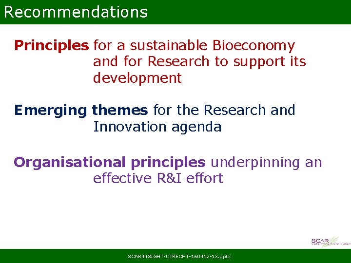 Recommendations Principles for a sustainable Bioeconomy and for Research to support its development Emerging