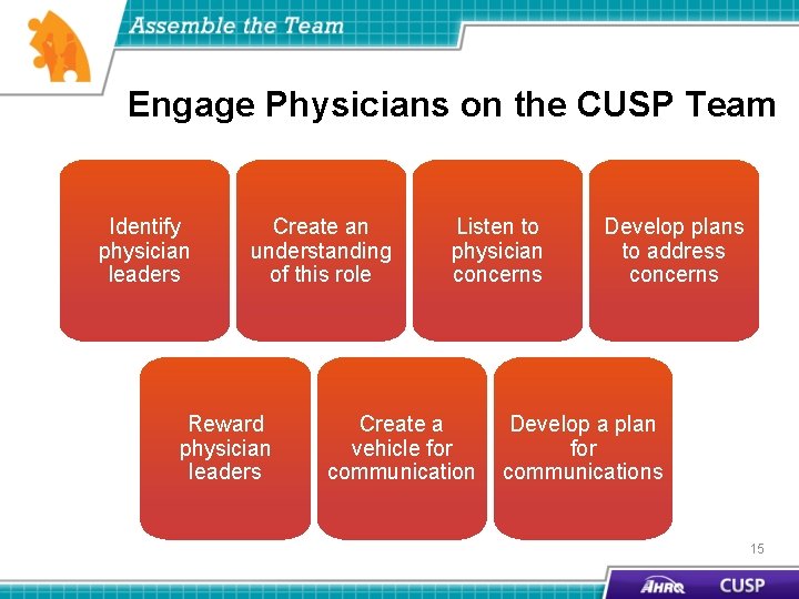 Engage Physicians on the CUSP Team Identify physician leaders Create an understanding of this