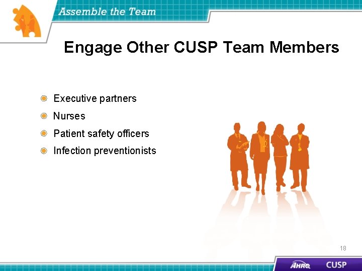 Engage Other CUSP Team Members Executive partners Nurses Patient safety officers Infection preventionists 18