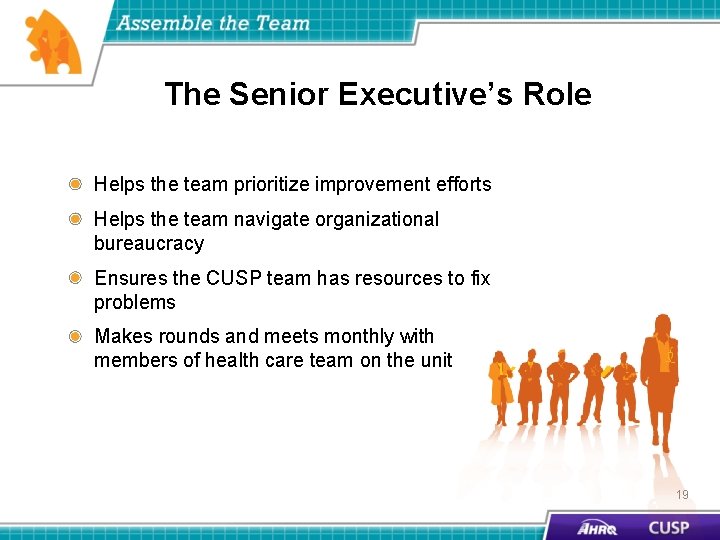 The Senior Executive’s Role Helps the team prioritize improvement efforts Helps the team navigate