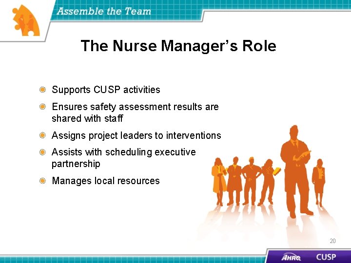 The Nurse Manager’s Role Supports CUSP activities Ensures safety assessment results are shared with