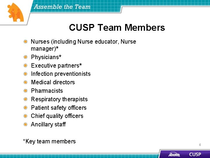 CUSP Team Members Nurses (including Nurse educator, Nurse manager)* Physicians* Executive partners* Infection preventionists