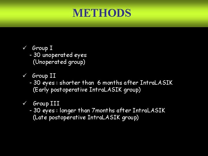 METHODS ü Group I - 30 unoperated eyes (Unoperated group) ü Group II -