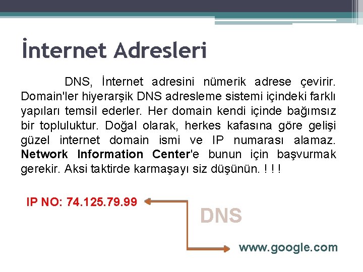 İnternet Adresleri DNS, İnternet adresini nümerik adrese çevirir. Domain'ler hiyerarşik DNS adresleme sistemi içindeki
