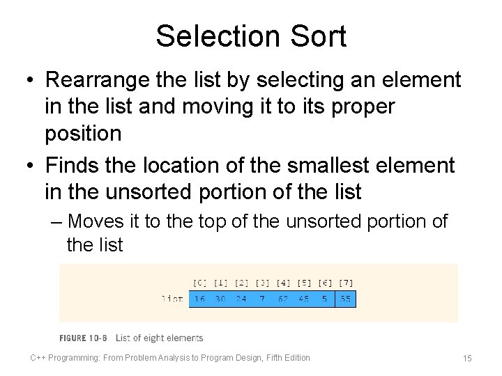 Selection Sort • Rearrange the list by selecting an element in the list and