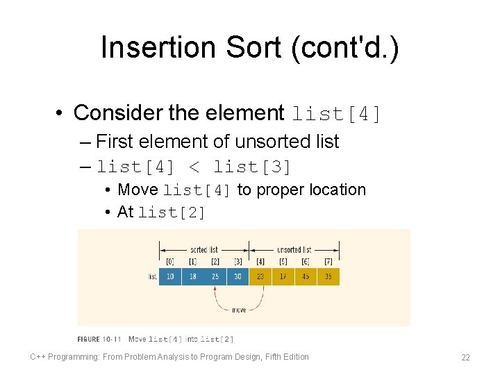 Insertion Sort (cont'd. ) • Consider the element list[4] – First element of unsorted