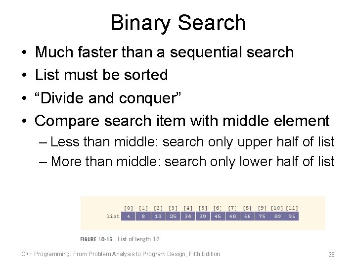 Binary Search • • Much faster than a sequential search List must be sorted