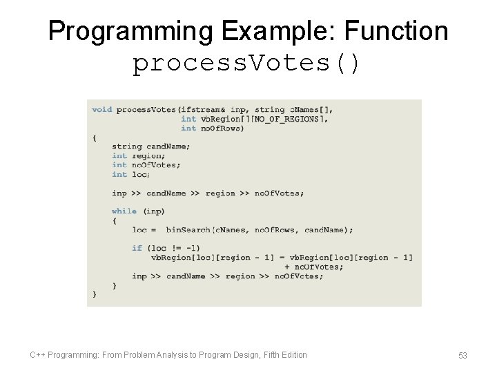 Programming Example: Function process. Votes() C++ Programming: From Problem Analysis to Program Design, Fifth