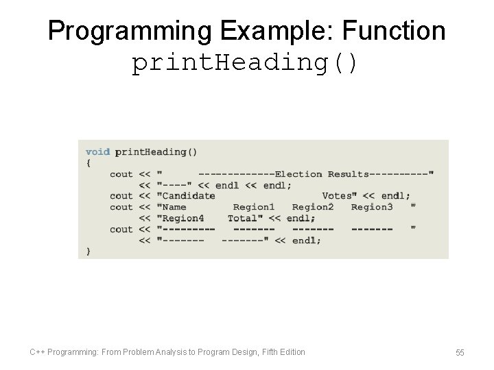 Programming Example: Function print. Heading() C++ Programming: From Problem Analysis to Program Design, Fifth