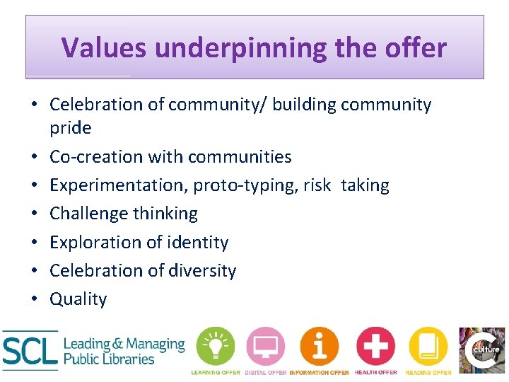 Values underpinning the offer • Celebration of community/ building community pride • Co-creation with