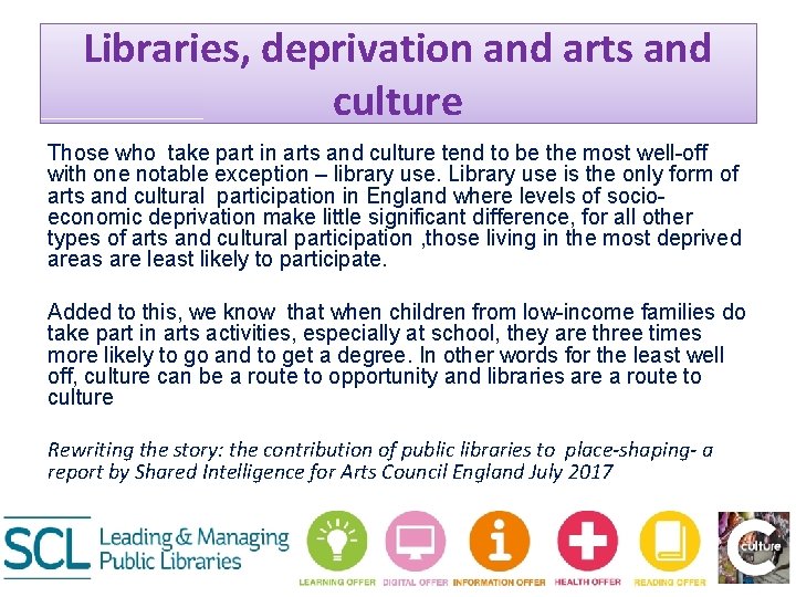 Libraries, deprivation and arts and culture Those who take part in arts and culture