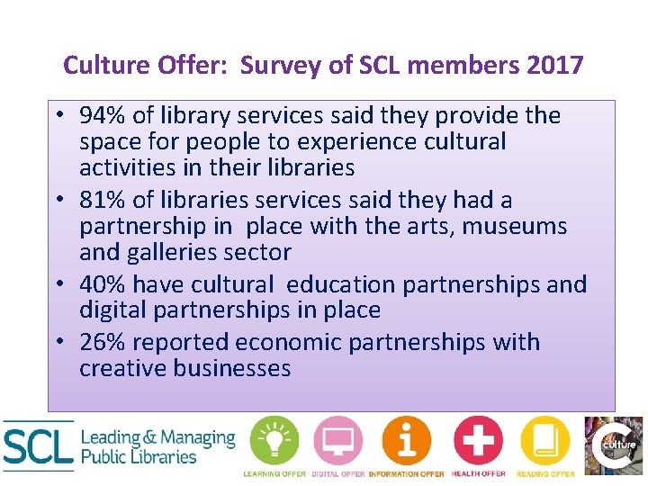 Culture Offer: Survey of SCL members 2017 • 94% of library services said they