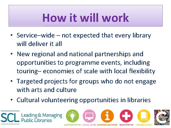 How it will work • Service–wide – not expected that every library will deliver