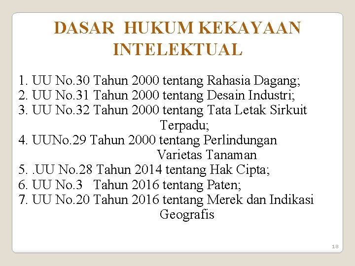 DASAR HUKUM KEKAYAAN INTELEKTUAL 1. UU No. 30 Tahun 2000 tentang Rahasia Dagang; 2.