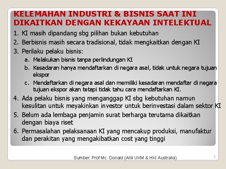 KELEMAHAN INDUSTRI & BISNIS SAAT INI DIKAITKAN DENGAN KEKAYAAN INTELEKTUAL 1. KI masih dipandang