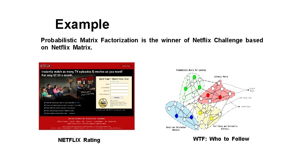 Example Probabilistic Matrix Factorization is the winner of Netflix Challenge based on Netflix Matrix.