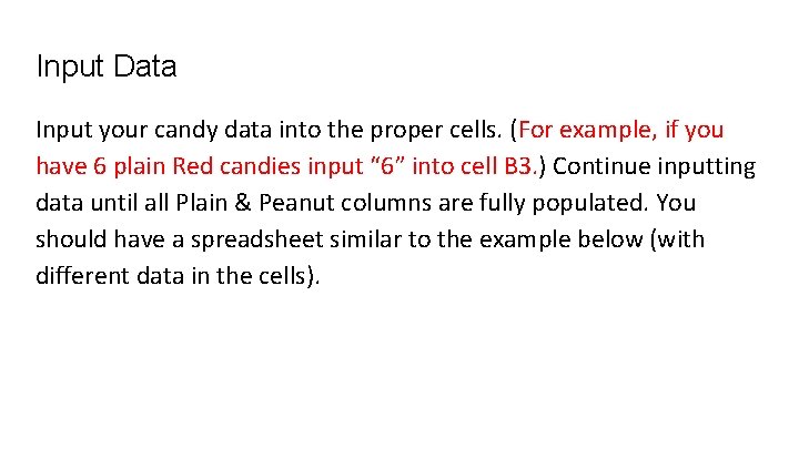 Input Data Input your candy data into the proper cells. (For example, if you