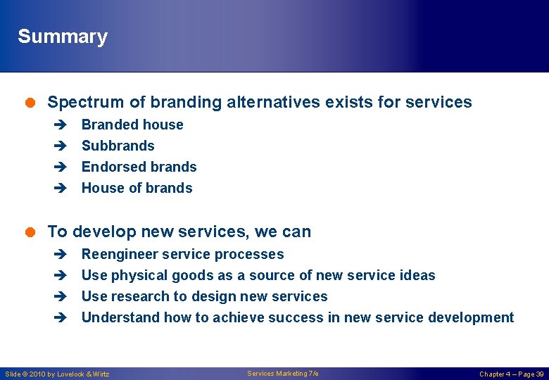 Summary = Spectrum of branding alternatives exists for services è è Branded house Subbrands