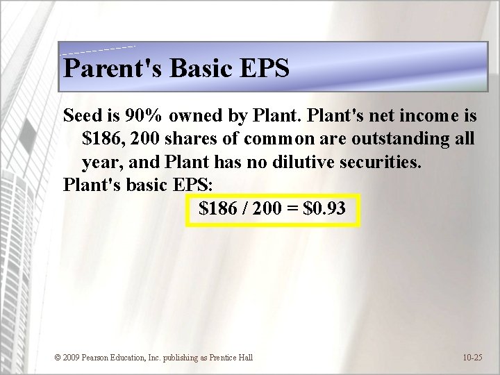 Parent's Basic EPS Seed is 90% owned by Plant's net income is $186, 200