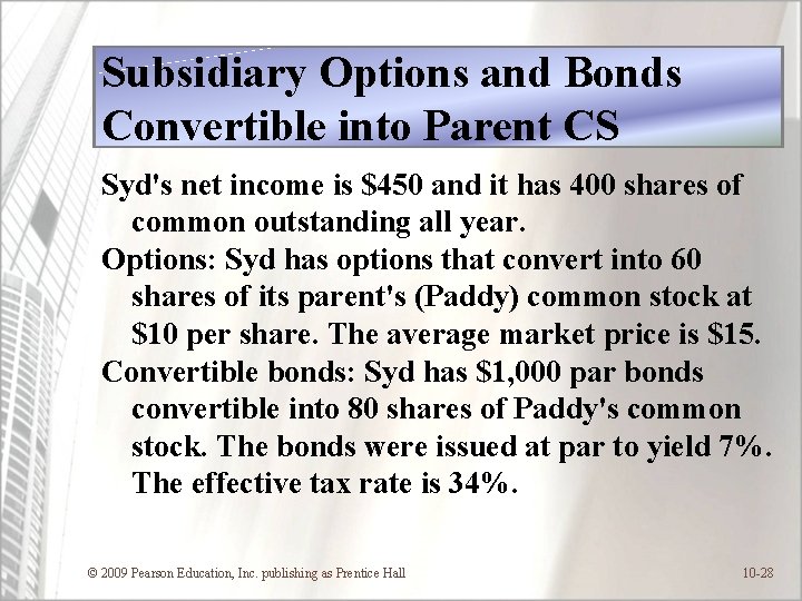 Subsidiary Options and Bonds Convertible into Parent CS Syd's net income is $450 and