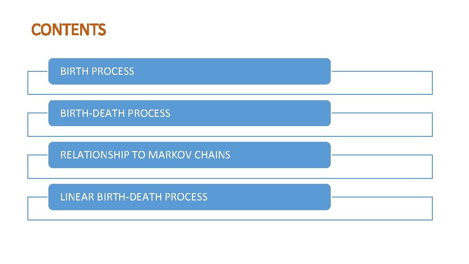 CONTENTS BIRTH PROCESS BIRTH-DEATH PROCESS RELATIONSHIP TO MARKOV CHAINS LINEAR BIRTH-DEATH PROCESS 