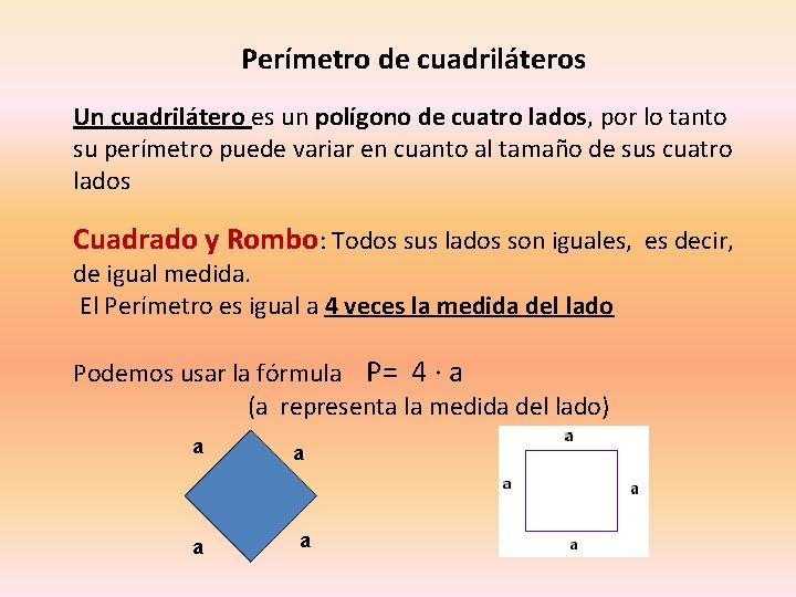 Perímetro de cuadriláteros Un cuadrilátero es un polígono de cuatro lados, por lo tanto