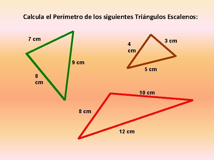 Calcula el Perímetro de los siguientes Triángulos Escalenos: 7 cm 3 cm 4 cm