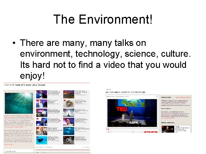 The Environment! • There are many, many talks on environment, technology, science, culture. Its