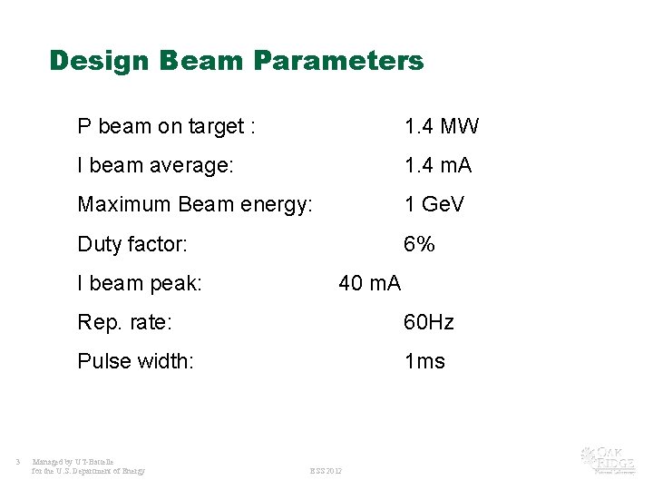 Design Beam Parameters P beam on target : 1. 4 MW I beam average: