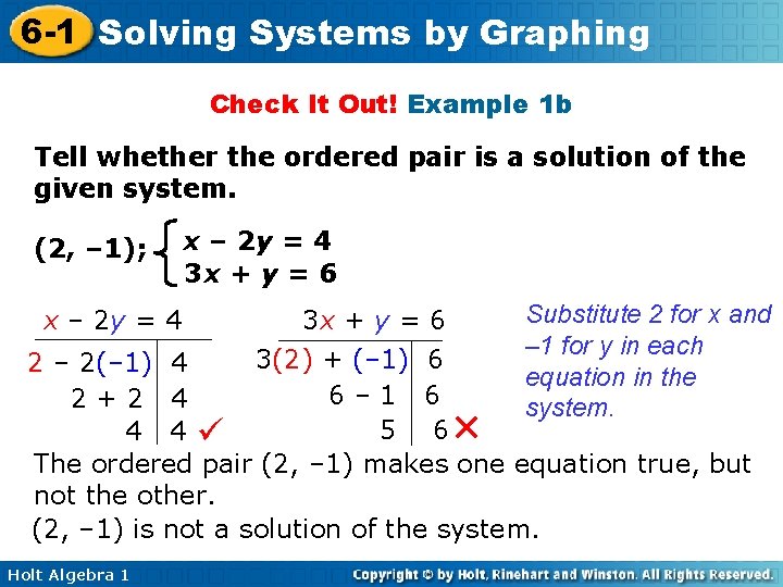 6 -1 Solving Systems by Graphing Check It Out! Example 1 b Tell whether