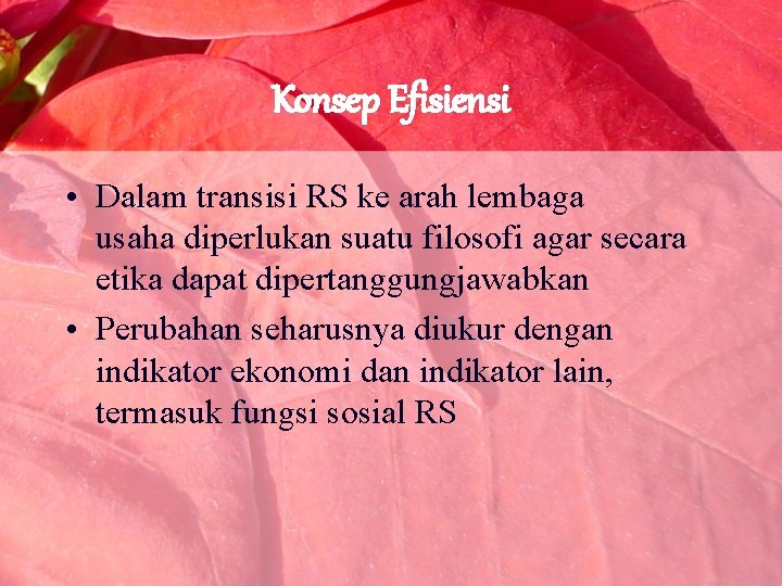 Konsep Efisiensi • Dalam transisi RS ke arah lembaga usaha diperlukan suatu filosofi agar