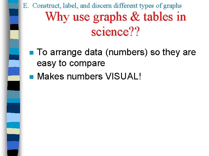 E. Construct, label, and discern different types of graphs Why use graphs & tables E. Construct, label, and discern different types of graphs Why use graphs & tables