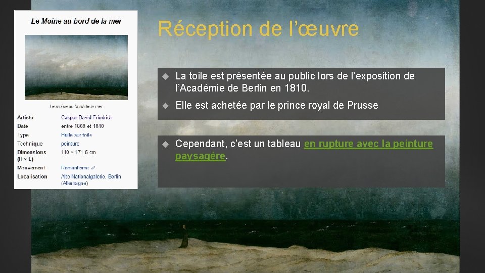 Réception de l’œuvre La toile est présentée au public lors de l’exposition de l’Académie