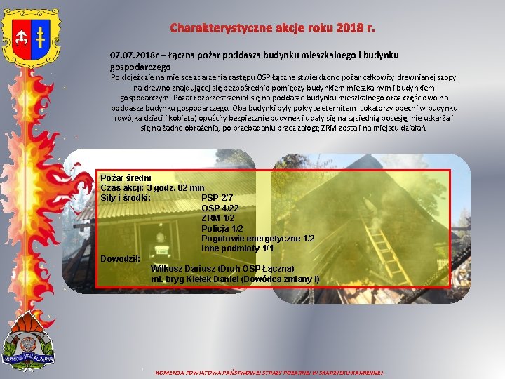 Charakterystyczne akcje roku 2018 r. 07. 2018 r – Łączna pożar poddasza budynku mieszkalnego