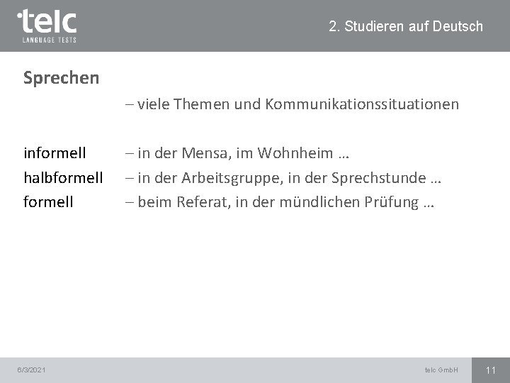 2. Studieren auf Deutsch Sprechen – viele Themen und Kommunikationssituationen informell halbformell 6/3/2021 –