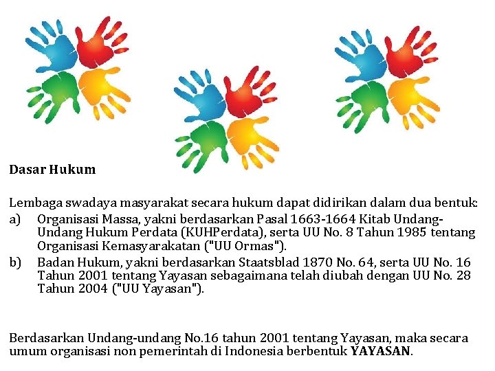 Dasar Hukum Lembaga swadaya masyarakat secara hukum dapat didirikan dalam dua bentuk: a) Organisasi