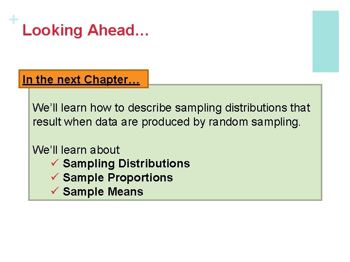 + Looking Ahead… In the next Chapter… We’ll learn how to describe sampling distributions