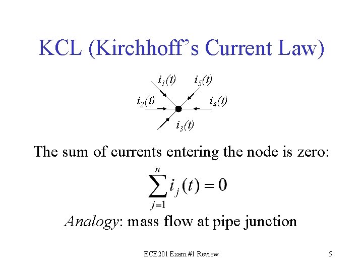 KCL (Kirchhoff’s Current Law) i 1(t) i 5(t) i 2(t) i 4(t) i 3(t)
