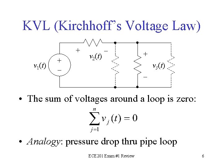 KVL (Kirchhoff’s Voltage Law) + v 1(t) + – v 2(t) – + v