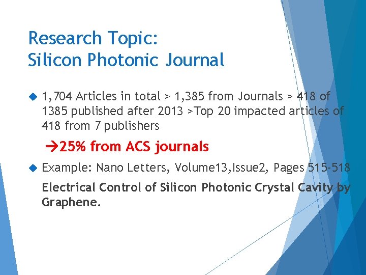 Research Topic: Silicon Photonic Journal 1, 704 Articles in total > 1, 385 from