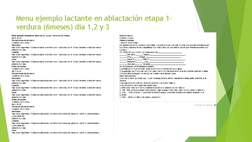 Menu ejemplo lactante en ablactación etapa 1 verdura (6 meses) dia 1, 2 y