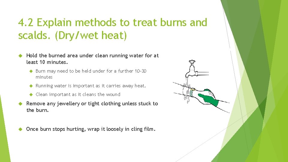 4. 2 Explain methods to treat burns and scalds. (Dry/wet heat) Hold the burned