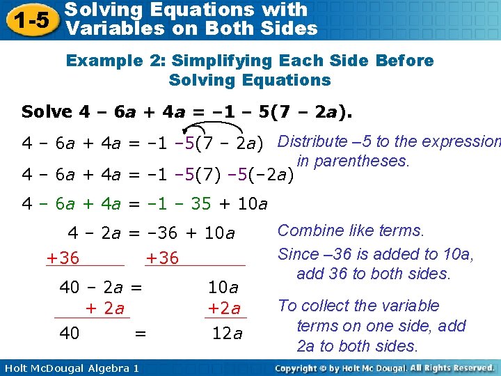 Solving Equations with 1 -5 Variables on Both Sides Example 2: Simplifying Each Side