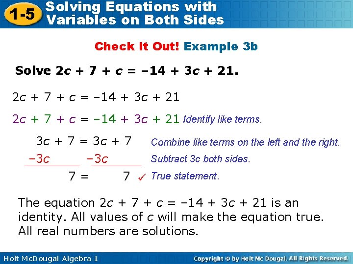 Solving Equations with 1 -5 Variables on Both Sides Check It Out! Example 3