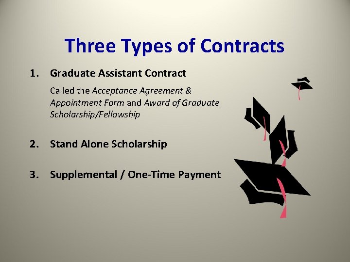 Three Types of Contracts 1. Graduate Assistant Contract Called the Acceptance Agreement & Appointment