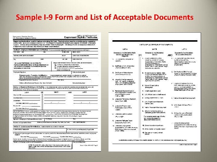 Sample I-9 Form and List of Acceptable Documents 