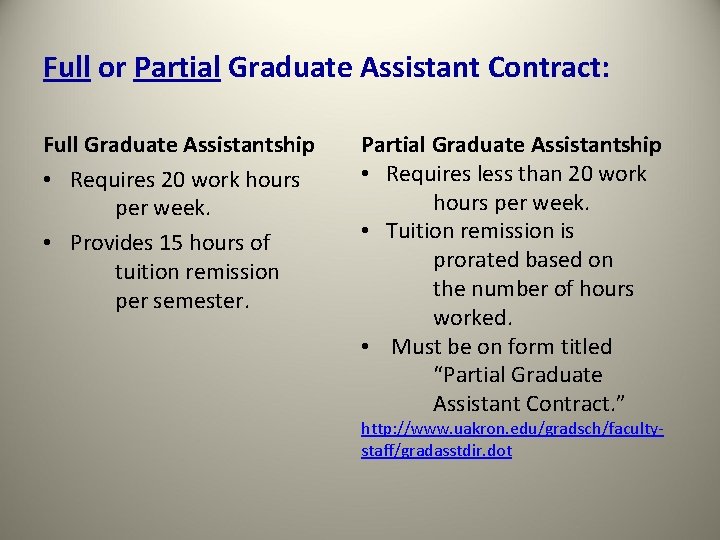 Full or Partial Graduate Assistant Contract: Full Graduate Assistantship • Requires 20 work hours